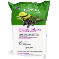 Avalon Organics, Brillilant Balance, With Lavender & Prebiotics, Purifying Towelettes, 30 Facial Towelettes