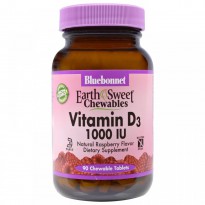 Bluebonnet Nutrition, Earth Sweet Chewables, Vitamin D3, 1000 IU, Natural Raspberry Flavor, 90 Chewable Tablets