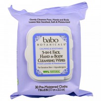 Babo Botanicals, 3-In-1 Calming & Soothing  Face, Hand & Body Cleansing Wipes, French Lavender & Meadowseet, 30 Pre-Moistened Cloths